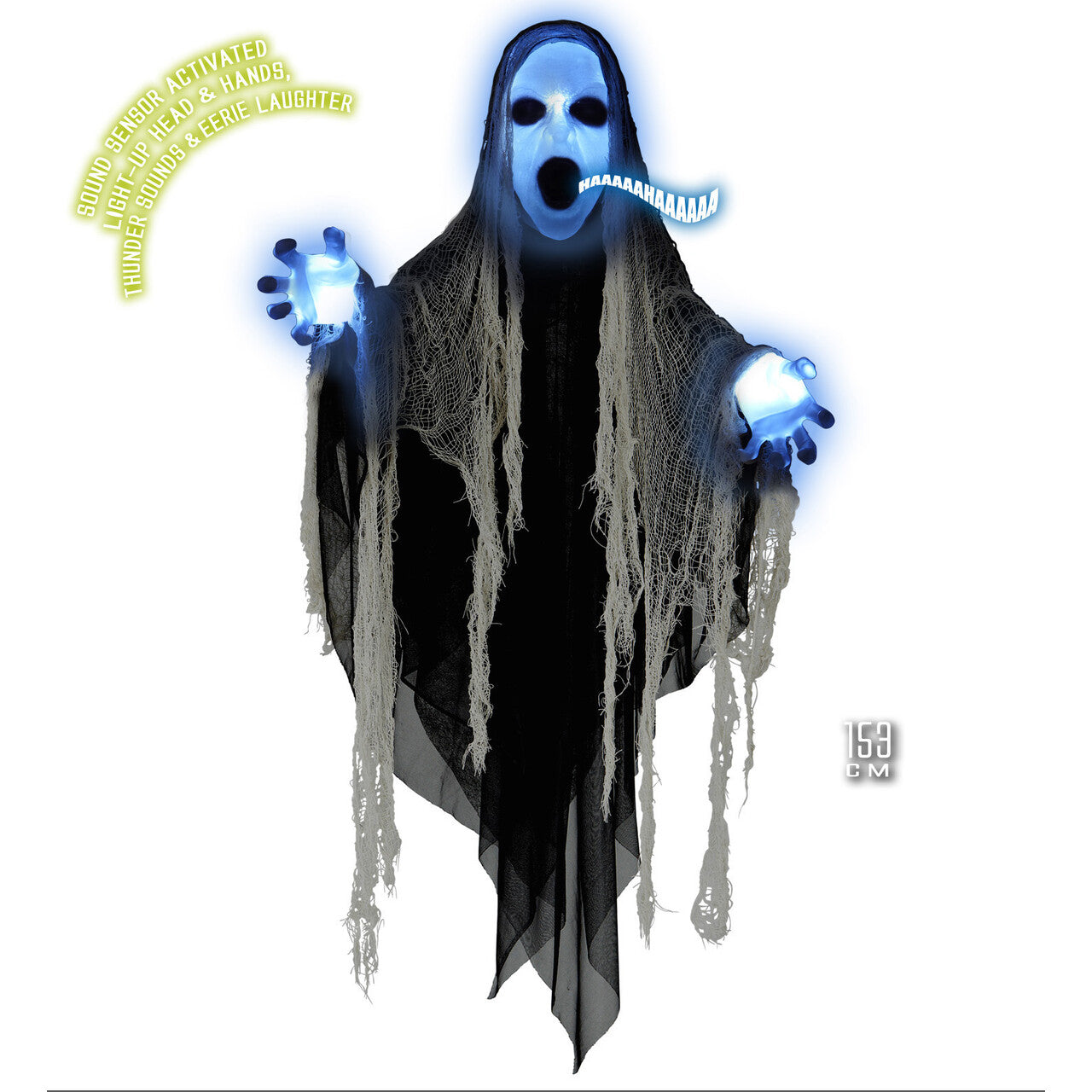 Op deze afbeelding zie je een Decoratie, van het merk Widmann. Innovatieve Spook Met Lichtgevende Handen En Hoofd Met Geluid