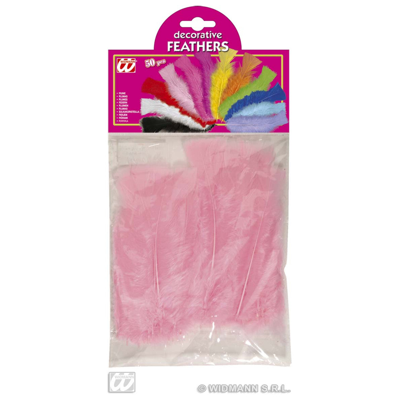 Op deze afbeelding zie je een Decoratie, van het merk Widmann. Zakje Met 50 Veertjes, Licht Roze