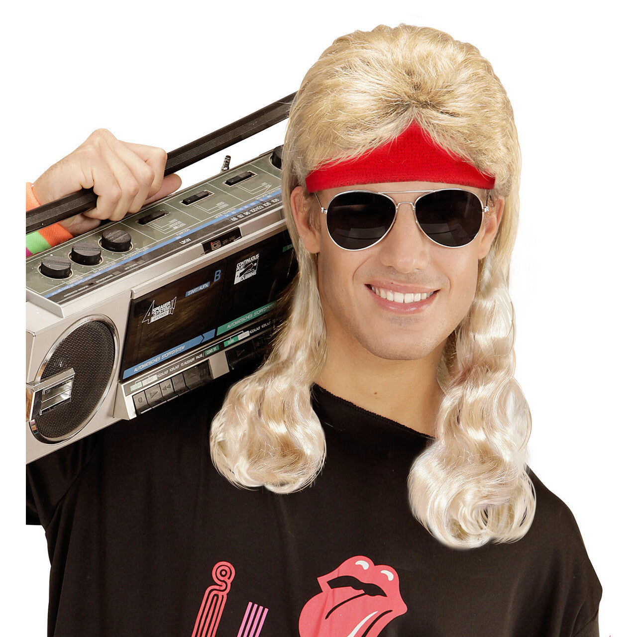 Op deze afbeelding zie je een Accessoires, van het merk Widmann. Sporty Rode Zweetband Met Blond Gekruld Haar