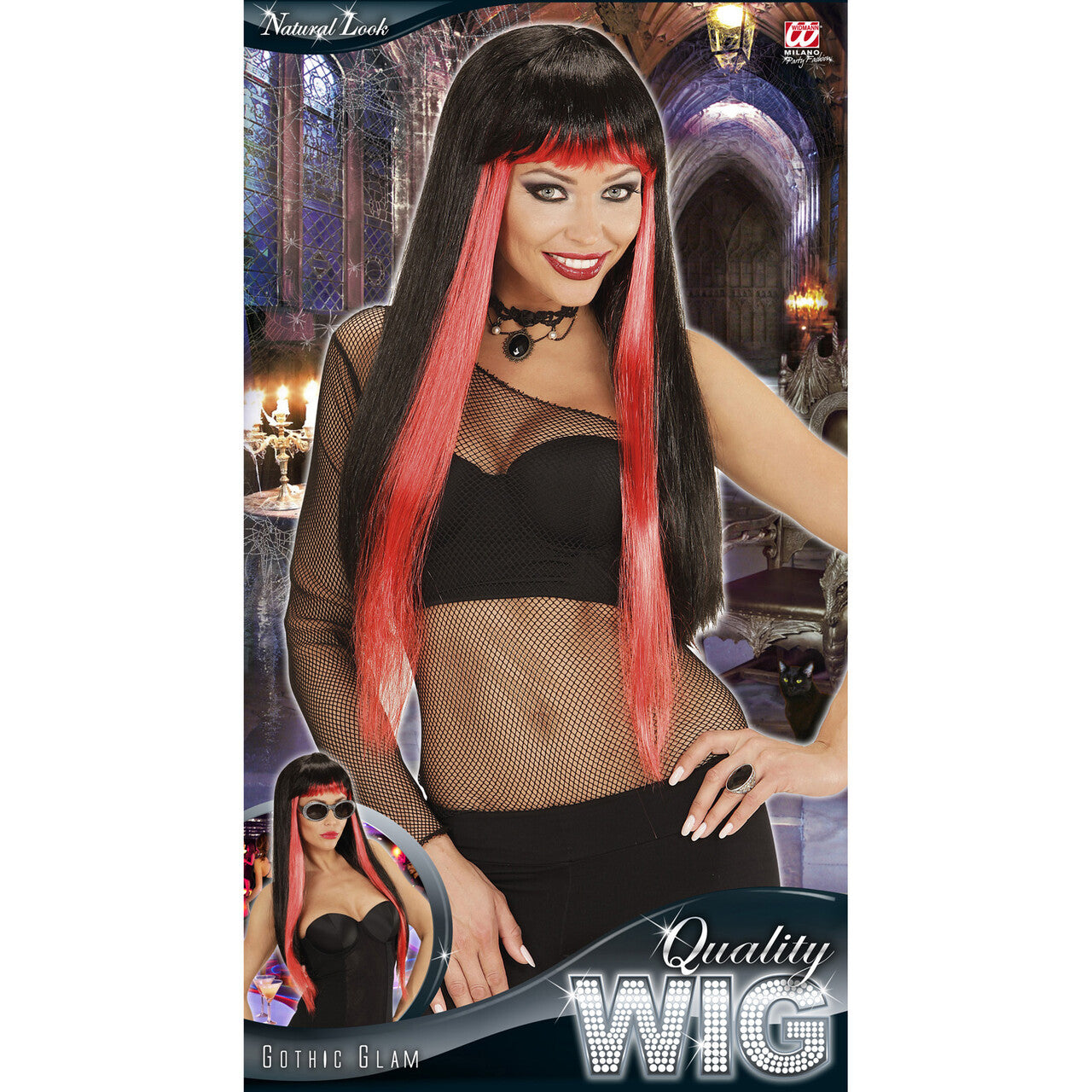 Op deze afbeelding zie je een Accessoires, van het merk Widmann. Halloween Pruik, Glamour Gothic Zwart / Rood