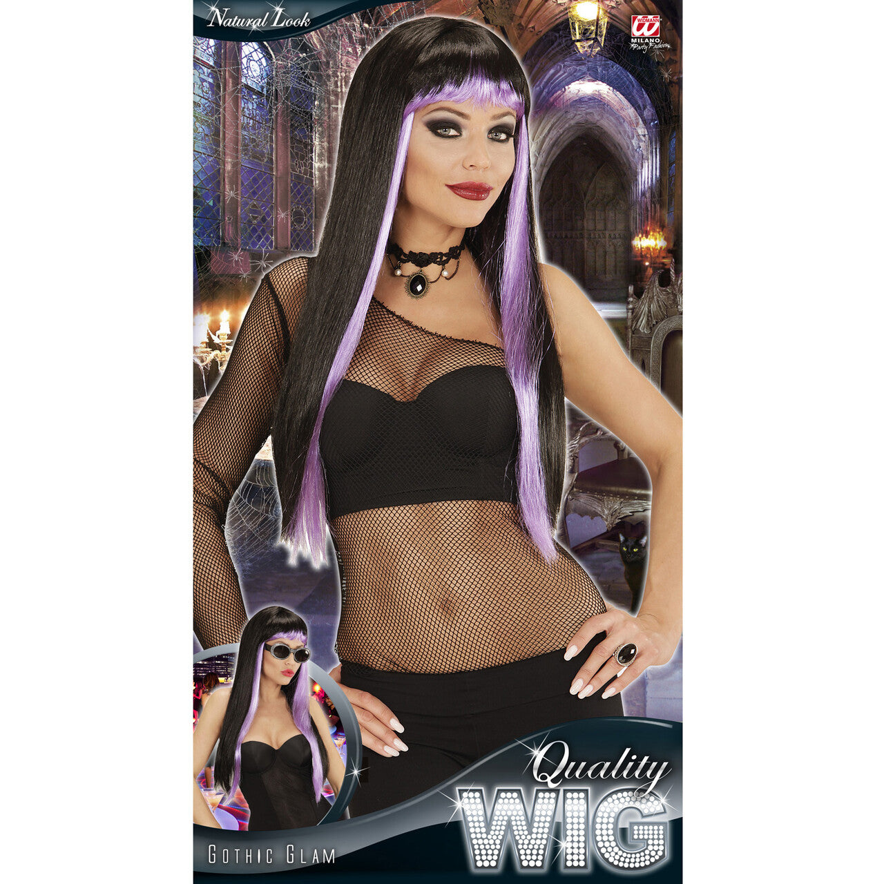 Op deze afbeelding zie je een Accessoires, van het merk Widmann. Halloween Pruik, Glamour Gothic Zwart / Paars