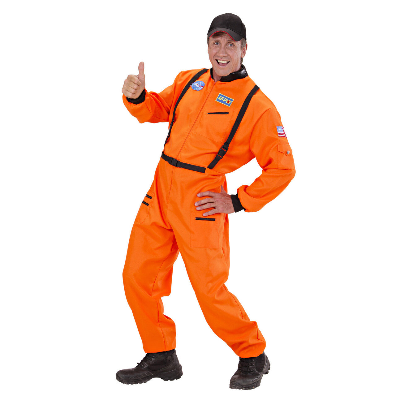 Op deze afbeelding zie je een Kostuums, van het merk Widmann. Amerikaanse Astronaut Oranje Man Kostuum