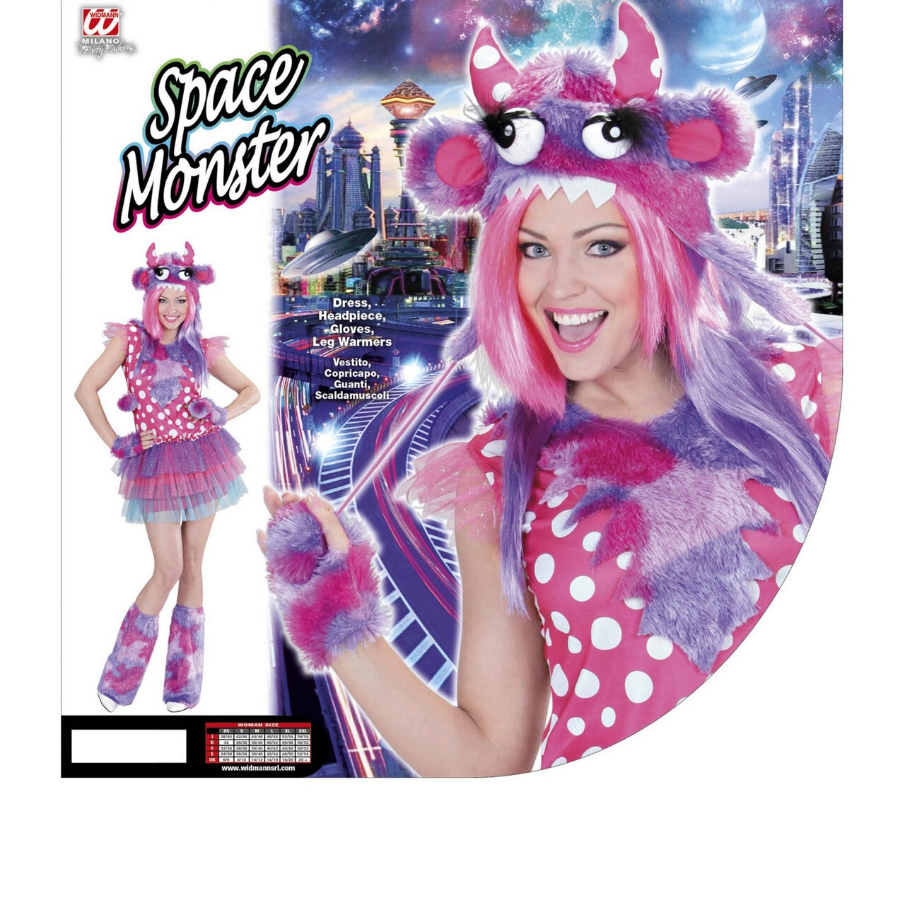 Op deze afbeelding zie je een Kostuums, van het merk Widmann. Roze Monster Meisje Ms Comic Strip Vrouw Kostuum
