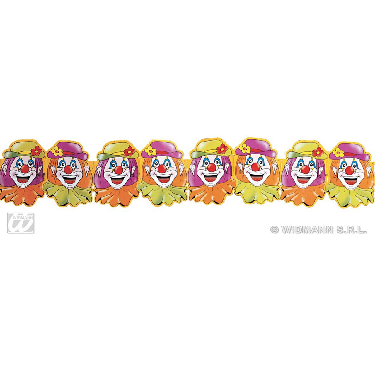 Op deze afbeelding zie je een Decoratie, van het merk Widmann. Papieren Slinger Clowns, 3 Meter