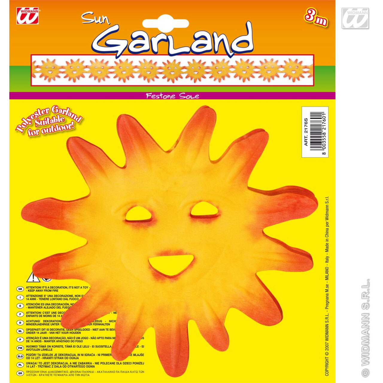 Op deze afbeelding zie je een Decoratie, van het merk Widmann. Polyester Slinger Zon, 3 Meter