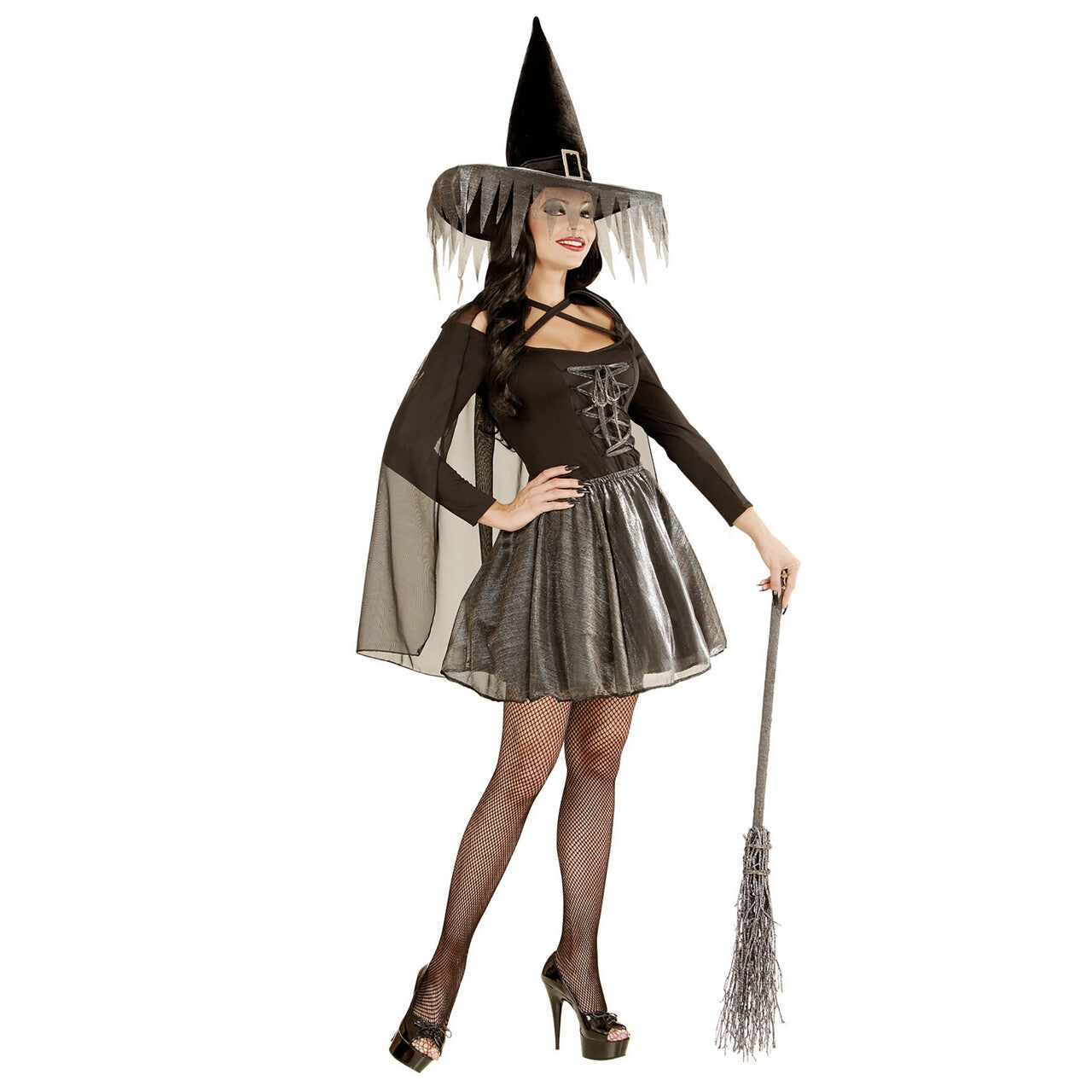 Op deze afbeelding zie je een Kostuums, van het merk Widmann. Witchita Glimmende Heks Zilver Vrouw Kostuum