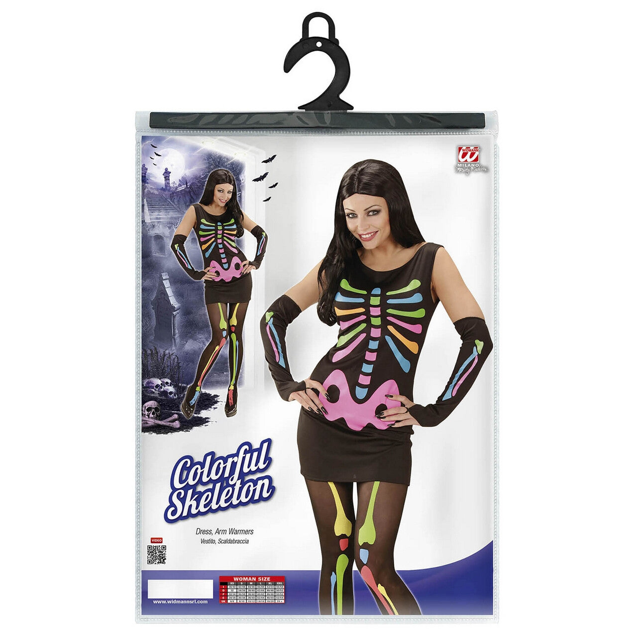 Op deze afbeelding zie je een Kostuums, van het merk Widmann. Neon Skelet Vrouw Disco Horror Kostuum