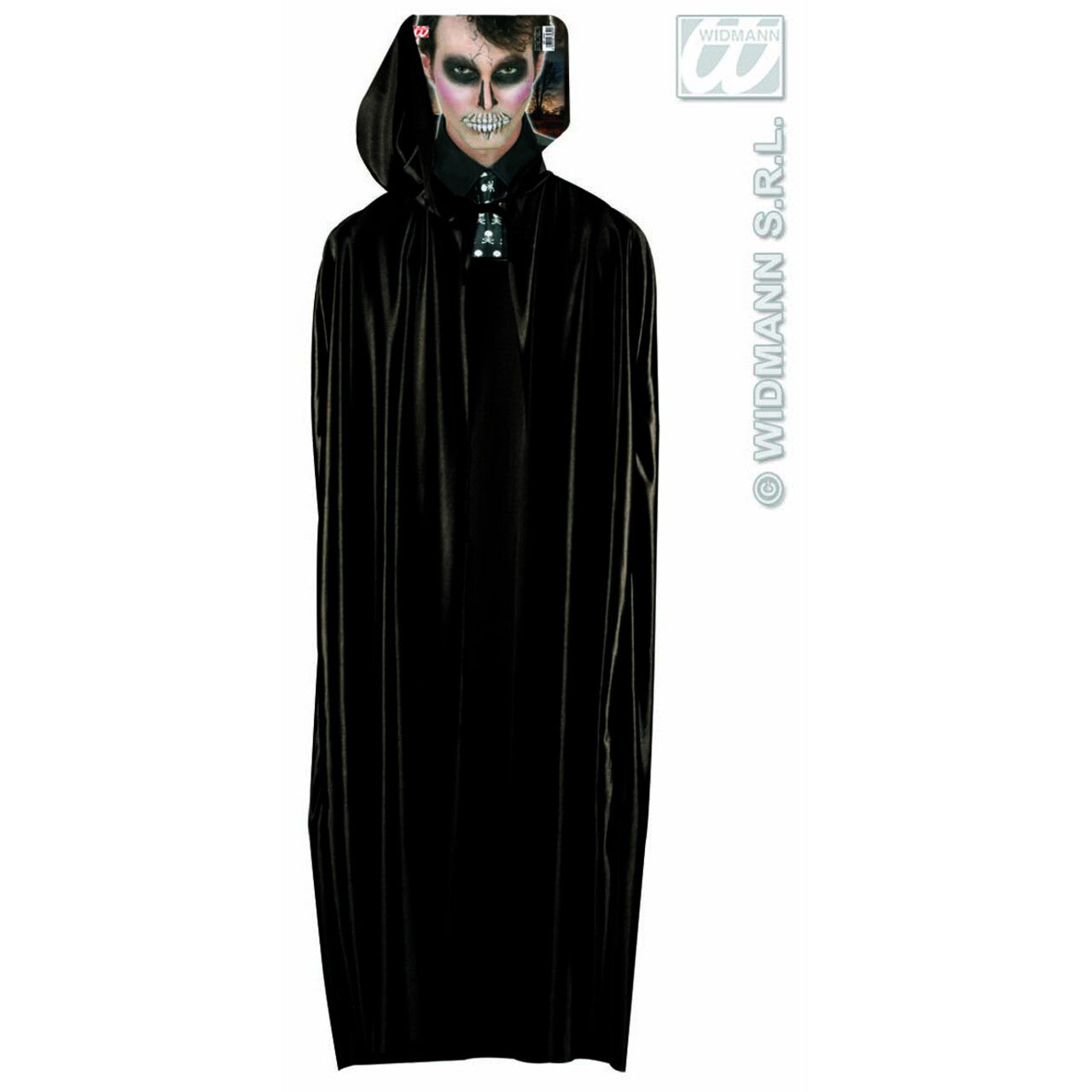 Op deze afbeelding zie je een Accessoires, van het merk Widmann. Lange Zwarte Cape Met Kap, 142 Centimeter Man Kostuum