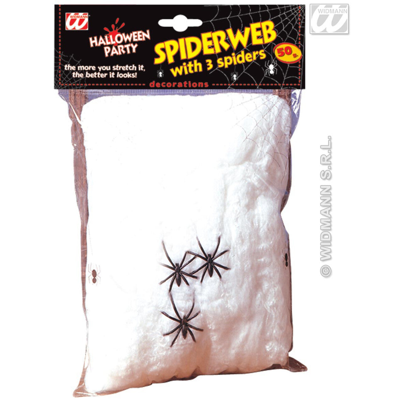 Op deze afbeelding zie je een Decoratie, van het merk Widmann. Spinnenweb 50gram Met 3 Spinnen