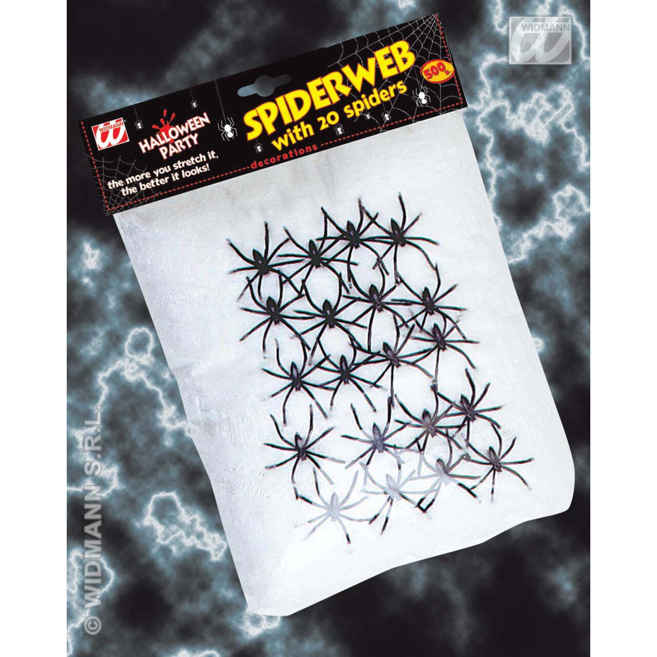 Op deze afbeelding zie je een Decoratie, van het merk Widmann. Jumbo Spinnenweb, 500 Gram Met 20 Spinnen