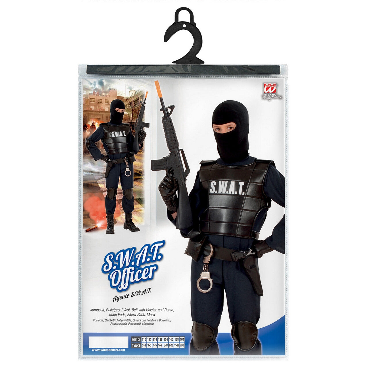 Op deze afbeelding zie je een Kostuums, van het merk Widmann. Officieel Zwart S.w.a.t. Officier M.e.jongen Kostuum
