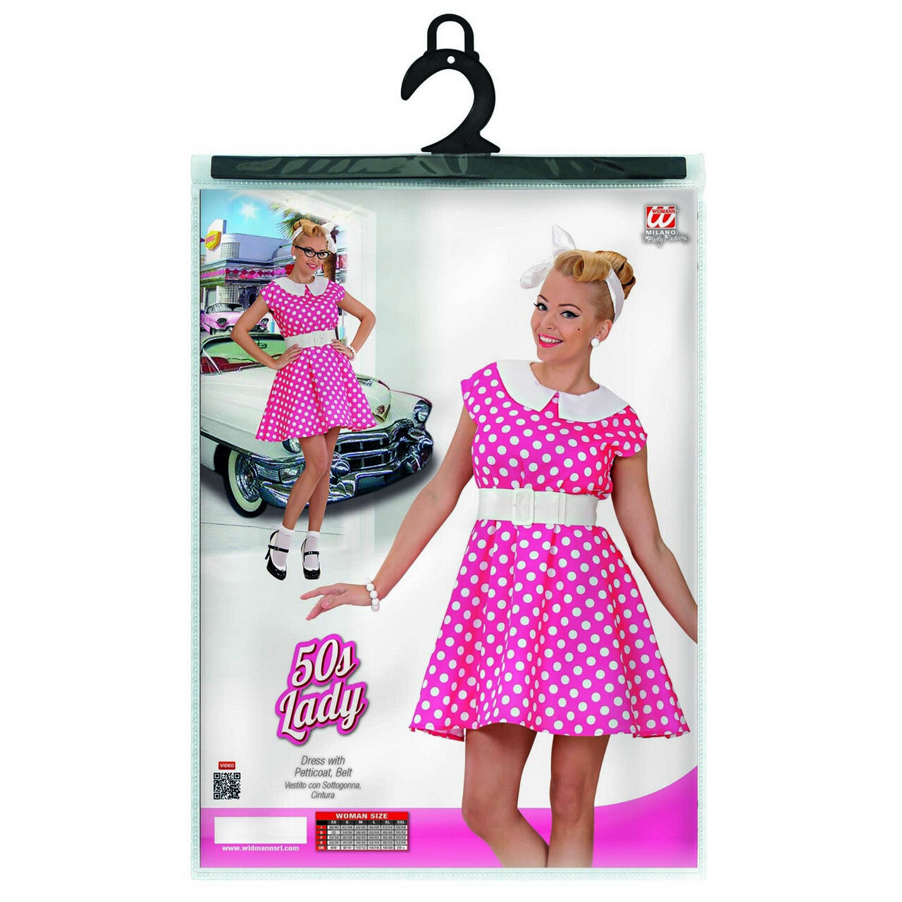 Op deze afbeelding zie je een Kostuums, van het merk Widmann. Jurk 50s Roze Ms Diner Kostuum Vrouw