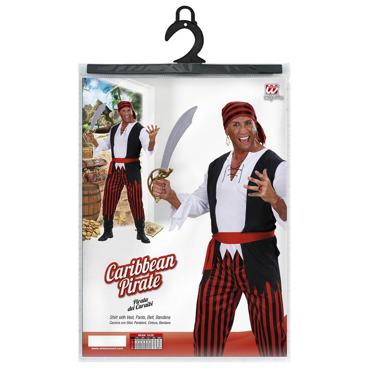 Op deze afbeelding zie je een Kostuums, van het merk Widmann. Caribische Piraat Blauwbaard Rood Zwart Wit Man Kostuum