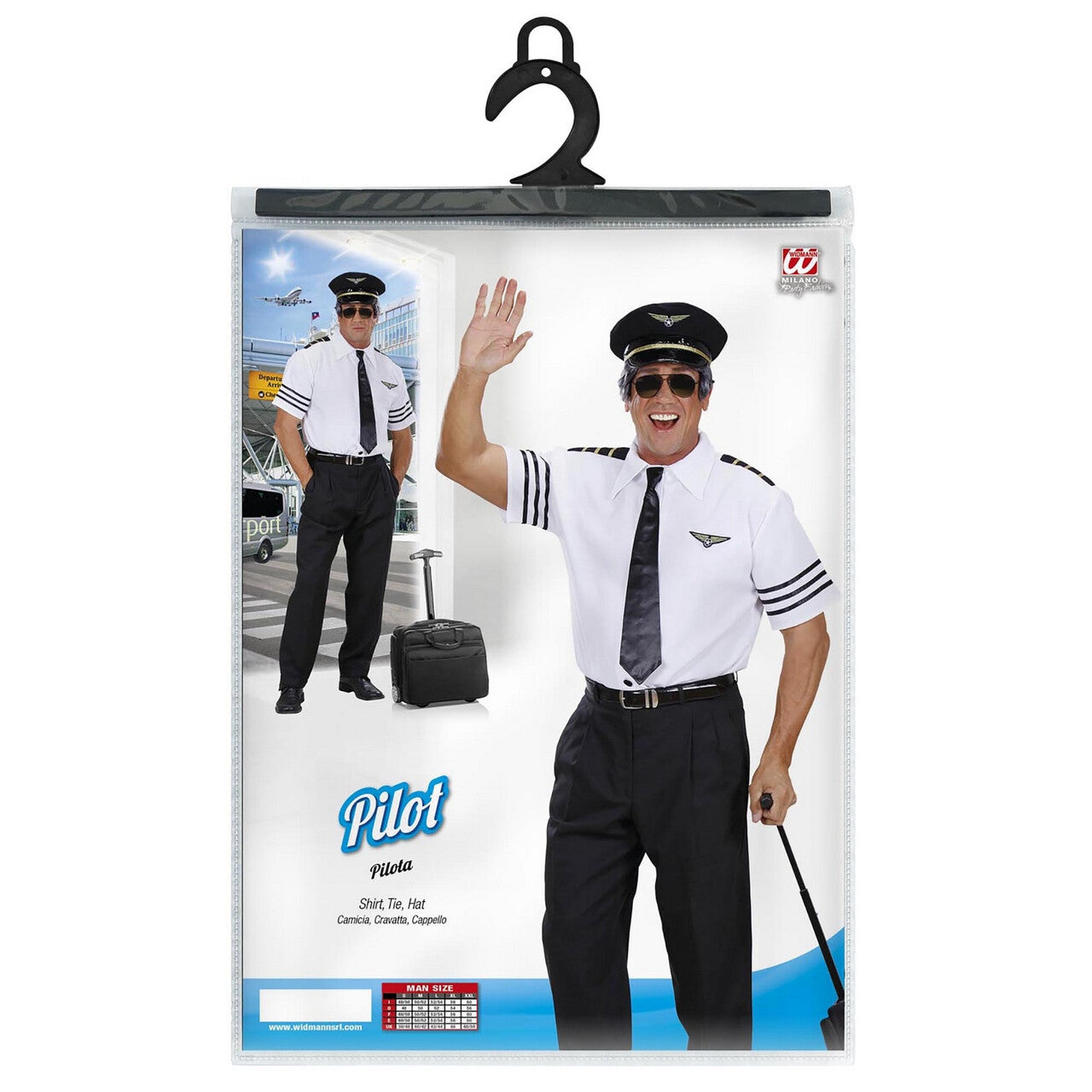 Op deze afbeelding zie je een Kostuums, van het merk Widmann. Pilotenshirt Met Stropdas En Hoed Man
