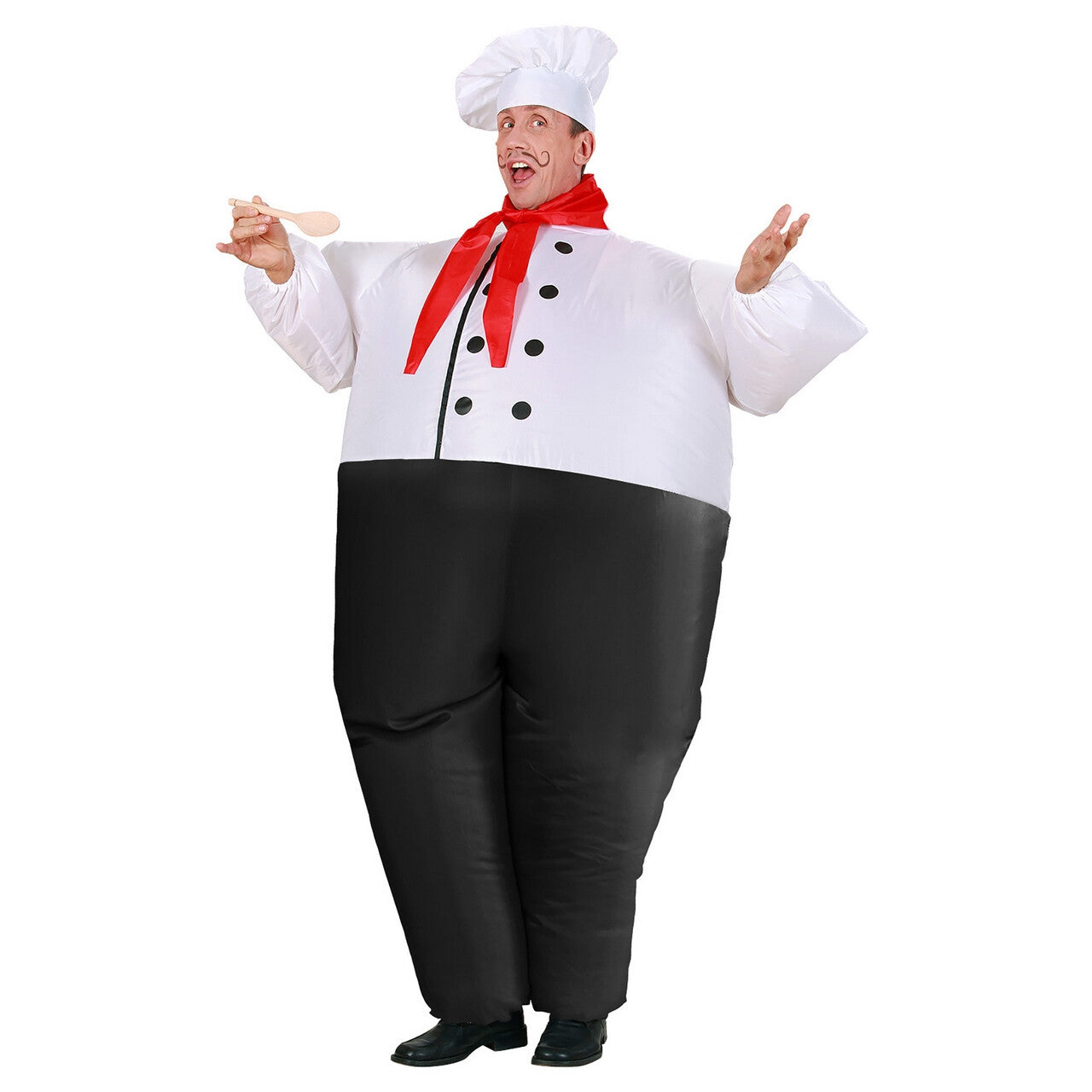Op deze afbeelding zie je een Kostuums, van het merk Widmann. Opblaasbaar Chef Kok Chef Eat-A-Lot Kostuum Man