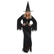Op deze afbeelding zie je een Kostuums, van het merk Widmann. Elegante Heks Black Witch Kostuum Vrouw