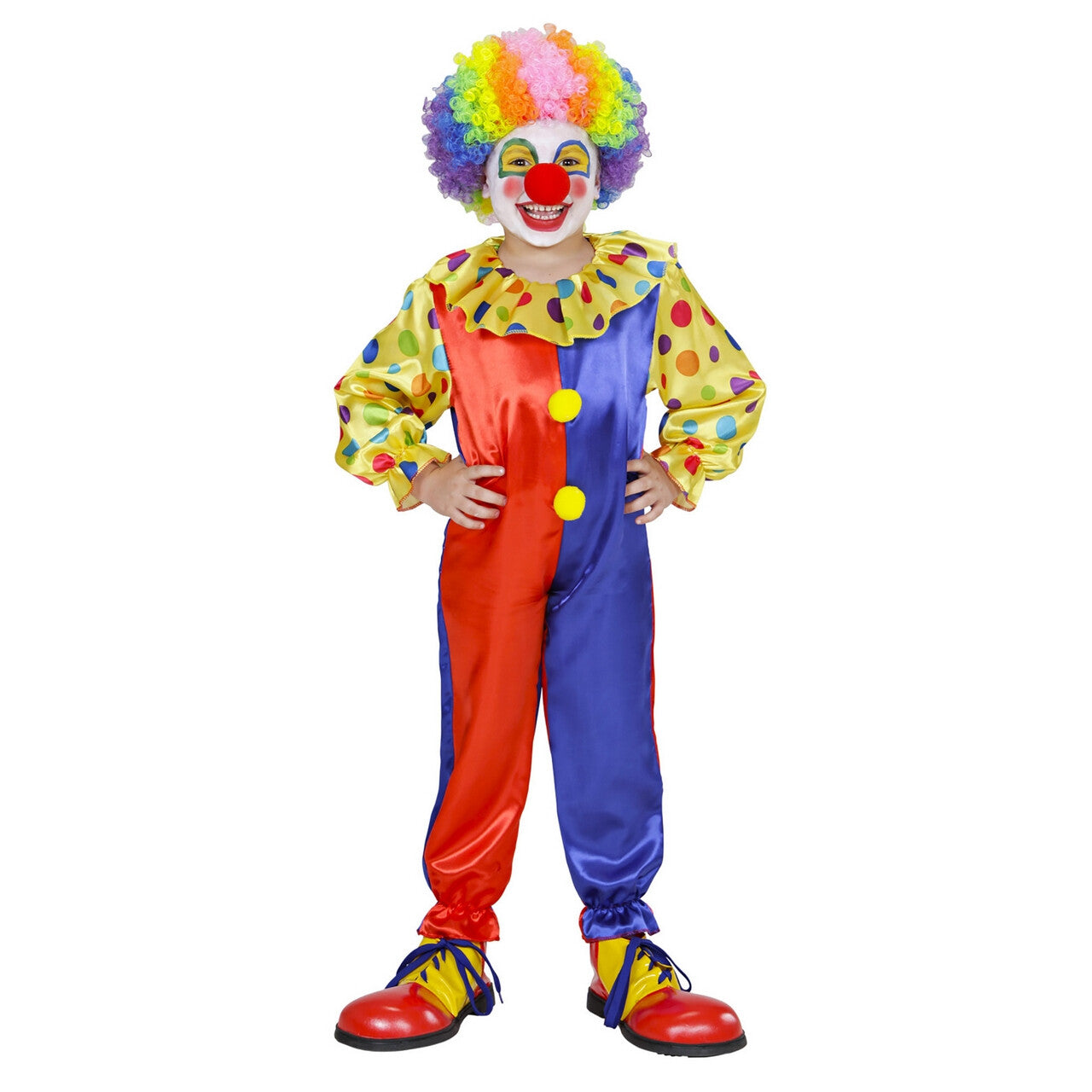 Op deze afbeelding zie je een Kostuums, van het merk Widmann. Rood-Blauwe Clown Jumpsuit Kind Kostuum Kind
