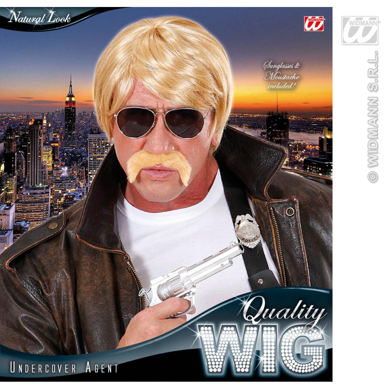 Op deze afbeelding zie je een Accessoires, van het merk Widmann. Pruik Undercover Agent Blond Met Snor En Bril