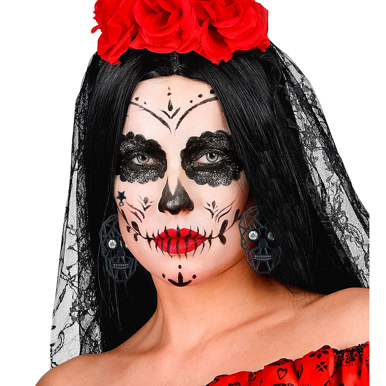 Op deze afbeelding zie je een Accessoires, van het merk Widmann. Skull Eyes Strass Oorbellen