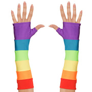 Op deze afbeelding zie je een Accessoires, van het merk Widmann. Tachtiger Jaren Vingerloze Handschoenen Satijn, Regenboog Kleuren