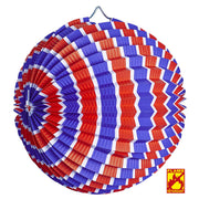 Op deze afbeelding zie je een Decoratie, van het merk Widmann. Feestelijke Papieren Bal Rood / Wit / Blauw Gestreept