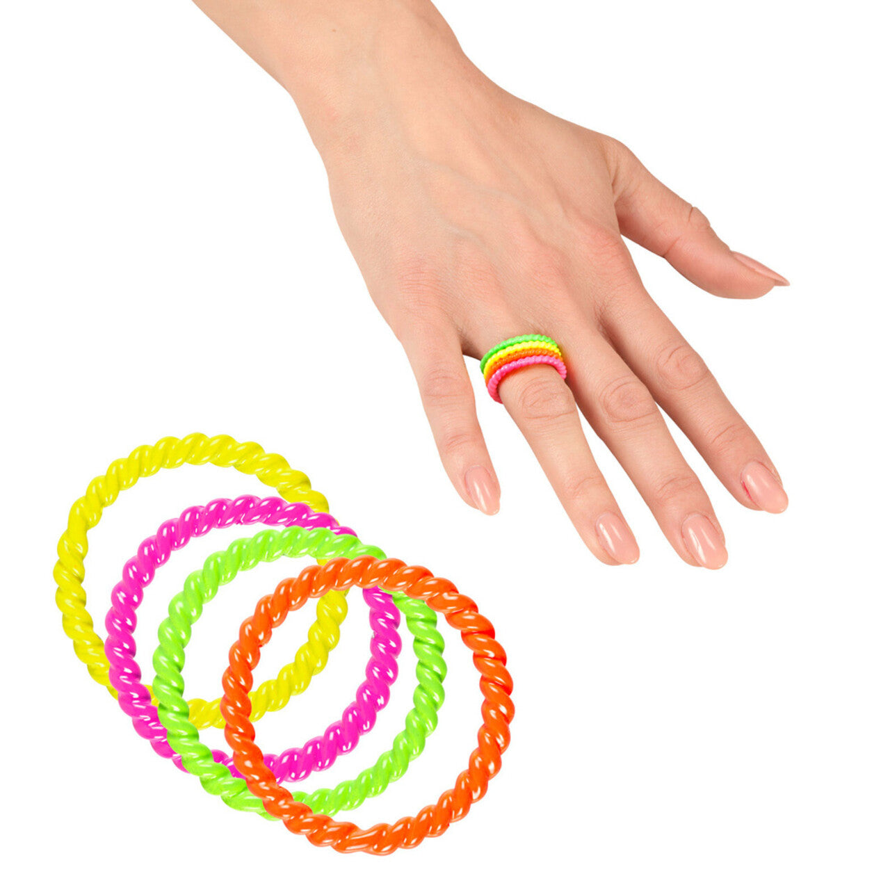 Op deze afbeelding zie je een Accessoires, van het merk Widmann. Rock Chick Set Van 4 Neon Ringen