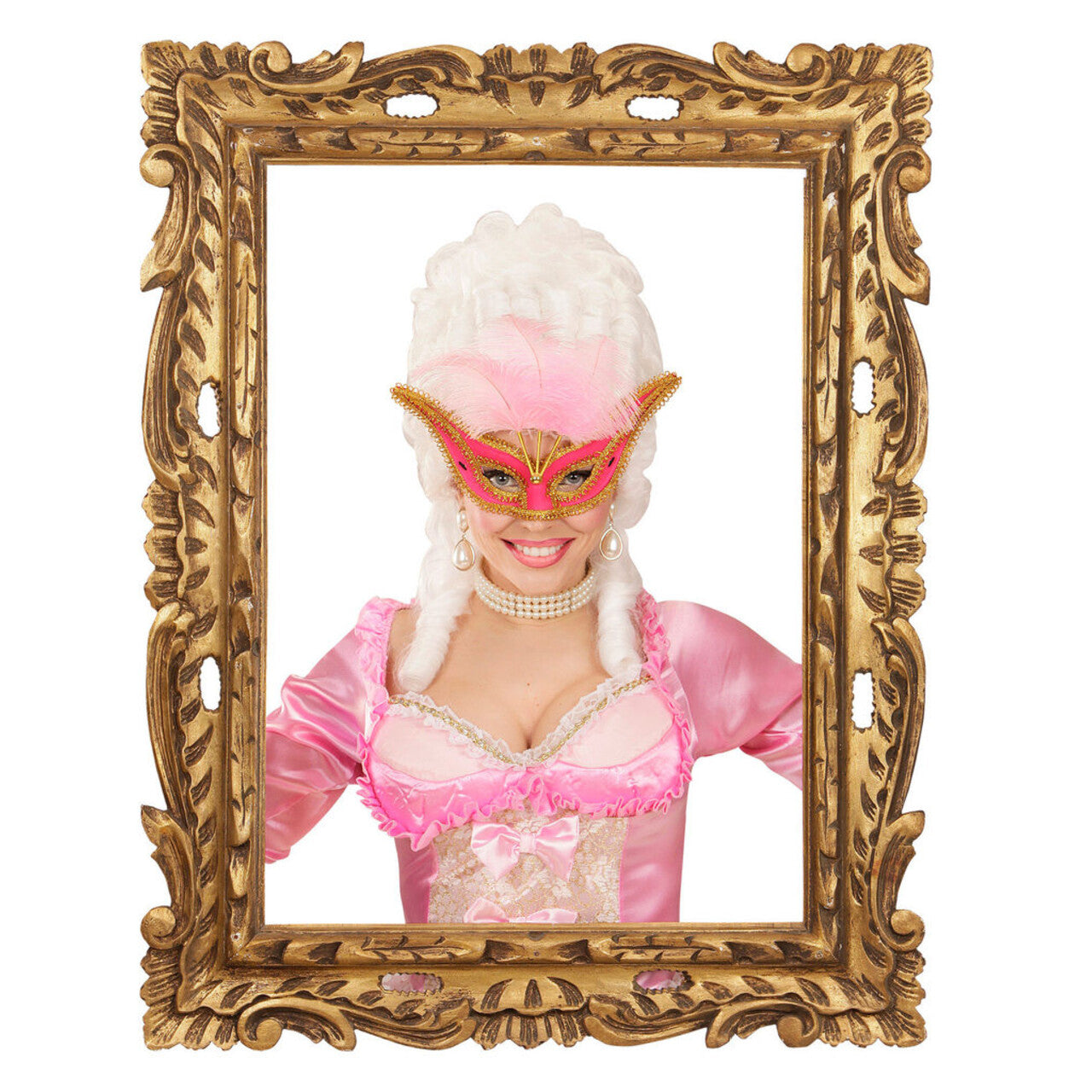 Op deze afbeelding zie je een Accessoires, van het merk Widmann. Uitbundig Oogmasker Roze Met Goud En Veren