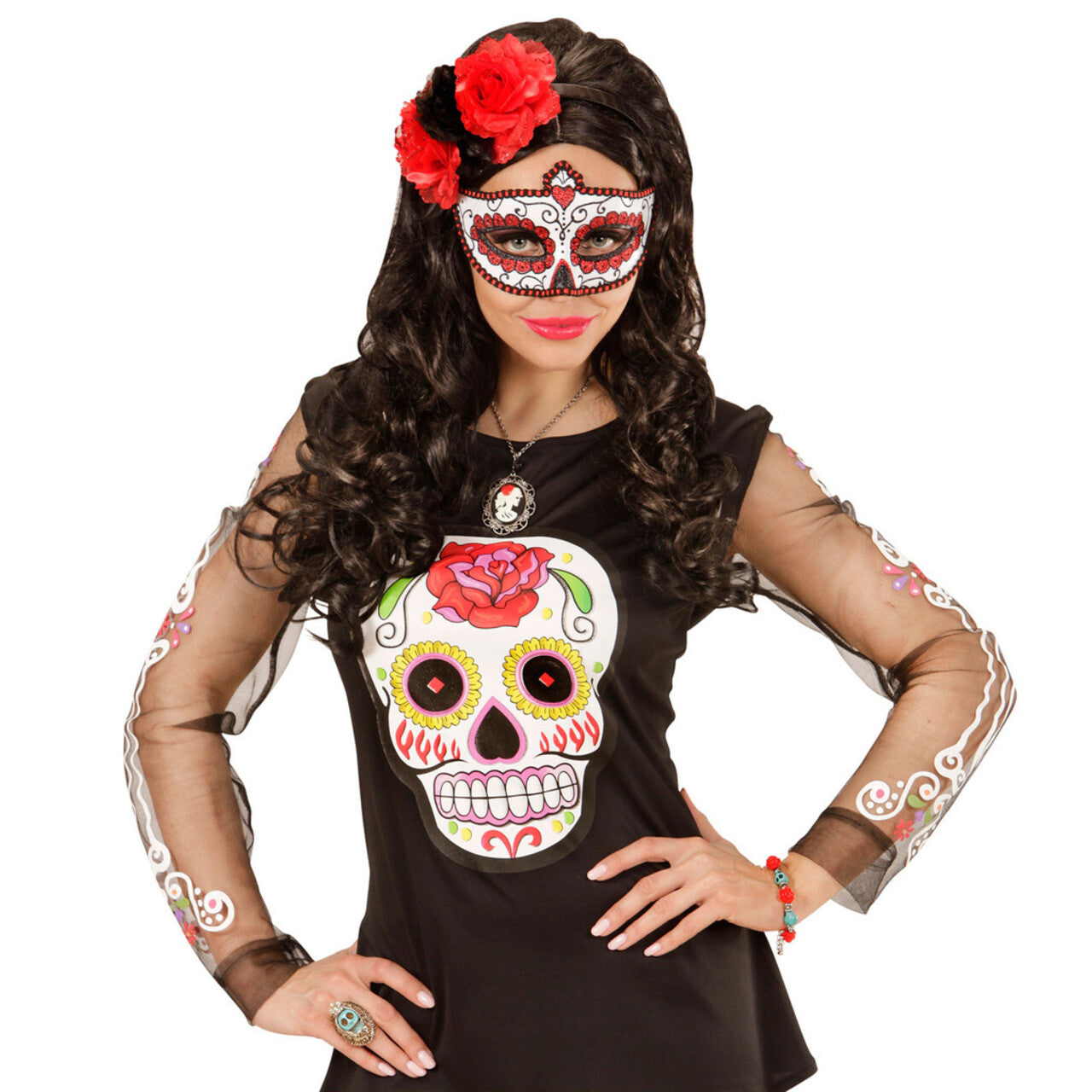 Op deze afbeelding zie je een Accessoires, van het merk Widmann. Mexicaans Oogmasker Dia De Los Muertos Zwart & Rood