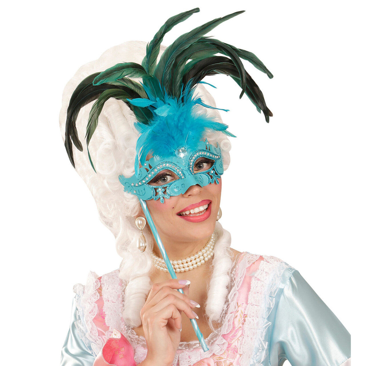 Op deze afbeelding zie je een Accessoires, van het merk Widmann. Gedistingeerd Oogmasker Met Stokje, Azuur Luxe Versie