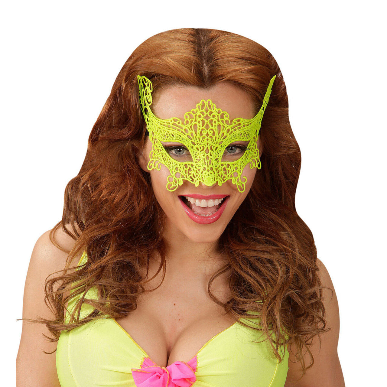Op deze afbeelding zie je een Accessoires, van het merk Widmann. Venetia Neon Oogmasker, Kant Neon Geel