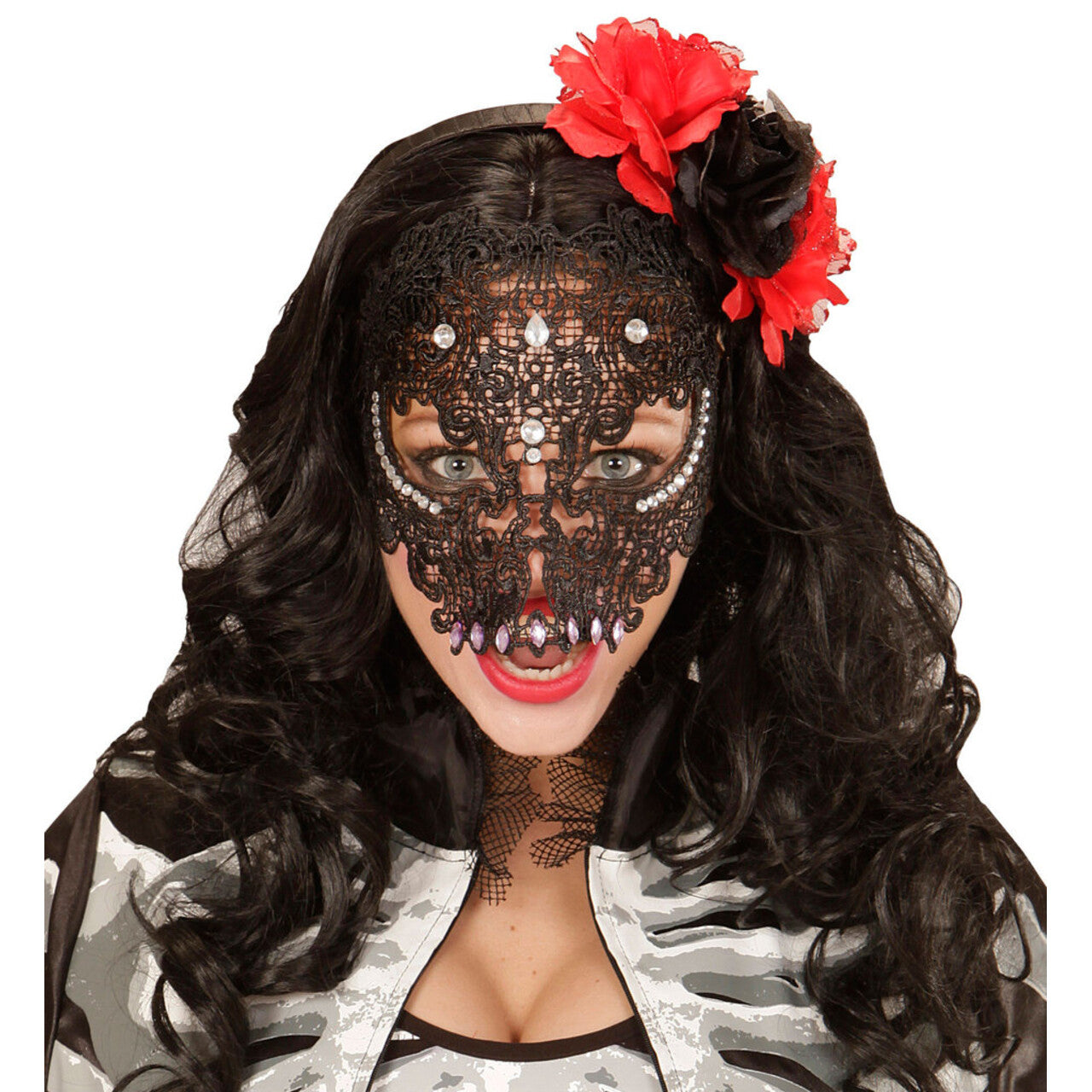Op deze afbeelding zie je een Accessoires, van het merk Widmann. Masker Kant, Schedel Met Stenen, Zwart Eyes Wide Shut