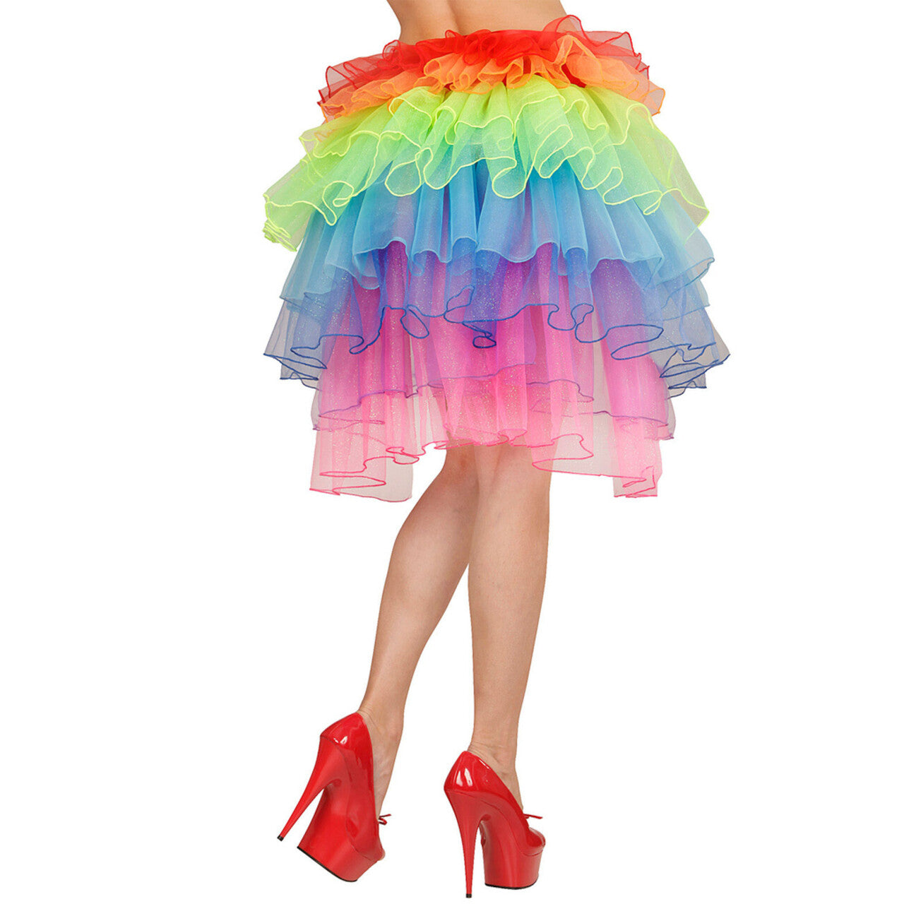 Op deze afbeelding zie je een Kostuums, van het merk Widmann. Show Omslagrok Fantasy Glitter Regenboogkleuren