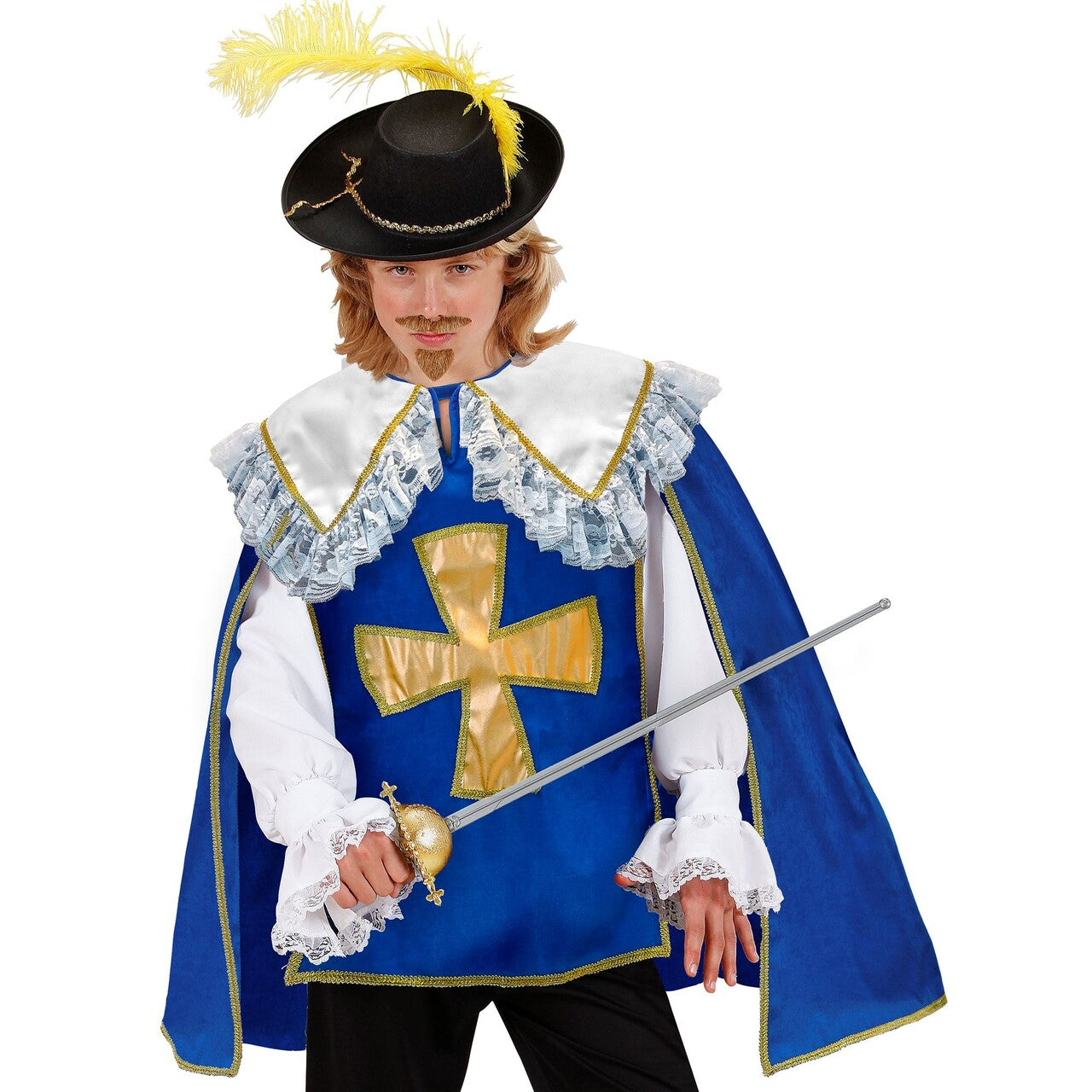 Op deze afbeelding zie je een Kostuums, van het merk Widmann. Blauwe Musketier Top Jongen