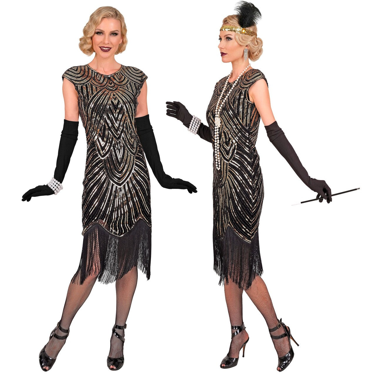 Op deze afbeelding zie je een Kostuums, van het merk Widmann. Roaring 20s Gold Shine Vrouw Kostuum