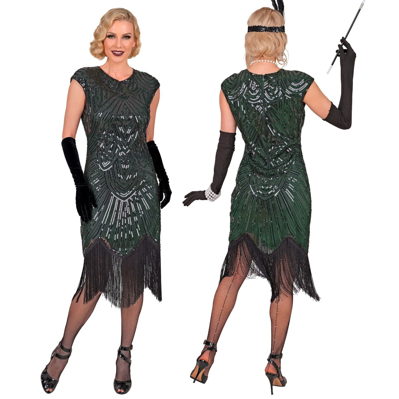 Op deze afbeelding zie je een Kostuums, van het merk Widmann. Roaring 20s Esmeralda Emerald Green Vrouw Kostuum