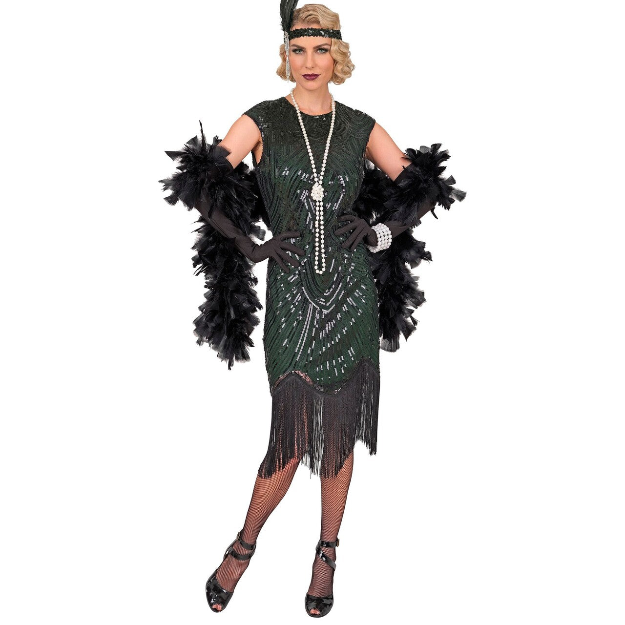 Op deze afbeelding zie je een Kostuums, van het merk Widmann. Roaring 20s Esmeralda Emerald Green Vrouw Kostuum