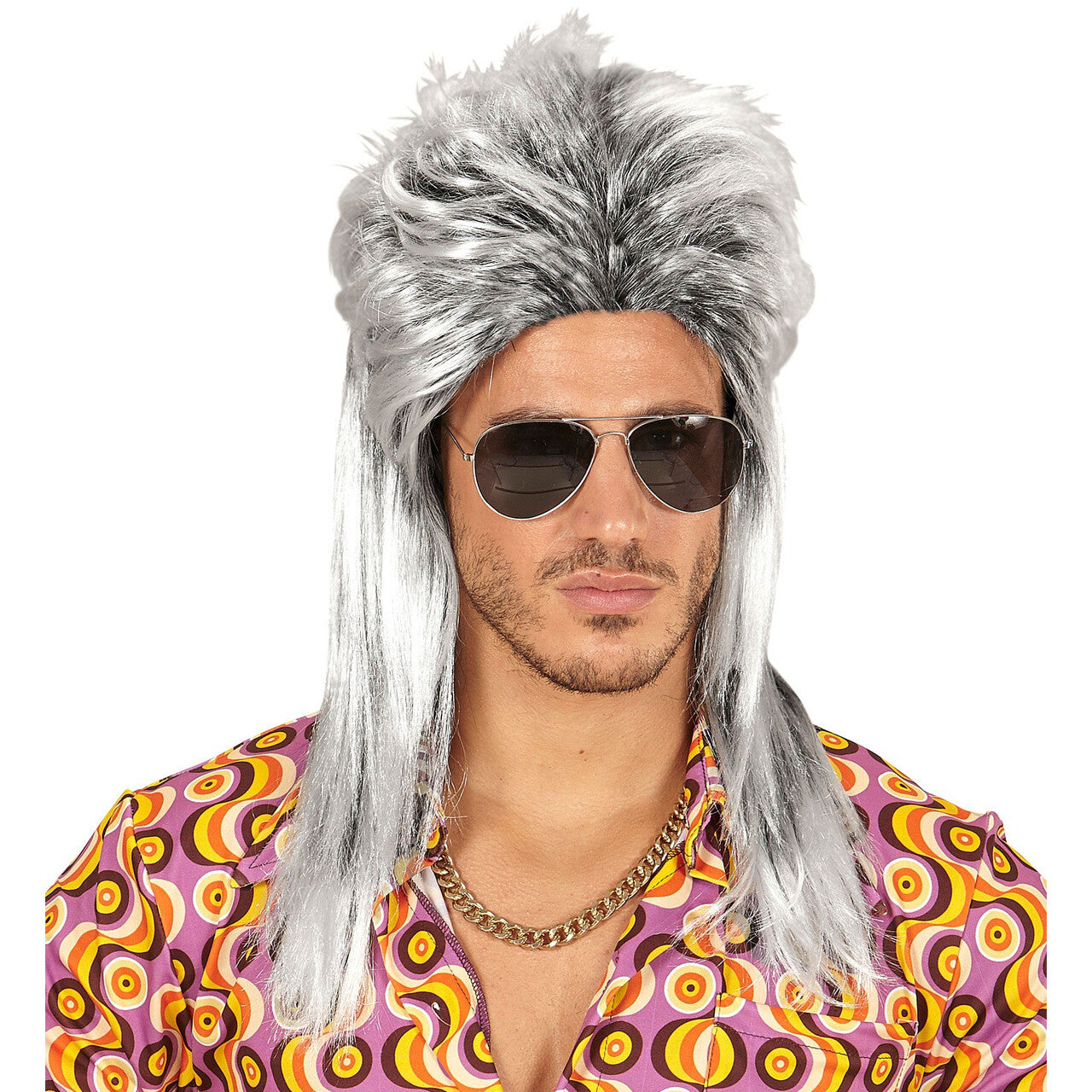 Op deze afbeelding zie je een Accessoires, van het merk Widmann. Brandon Pruik, Mullet 80s Grijs