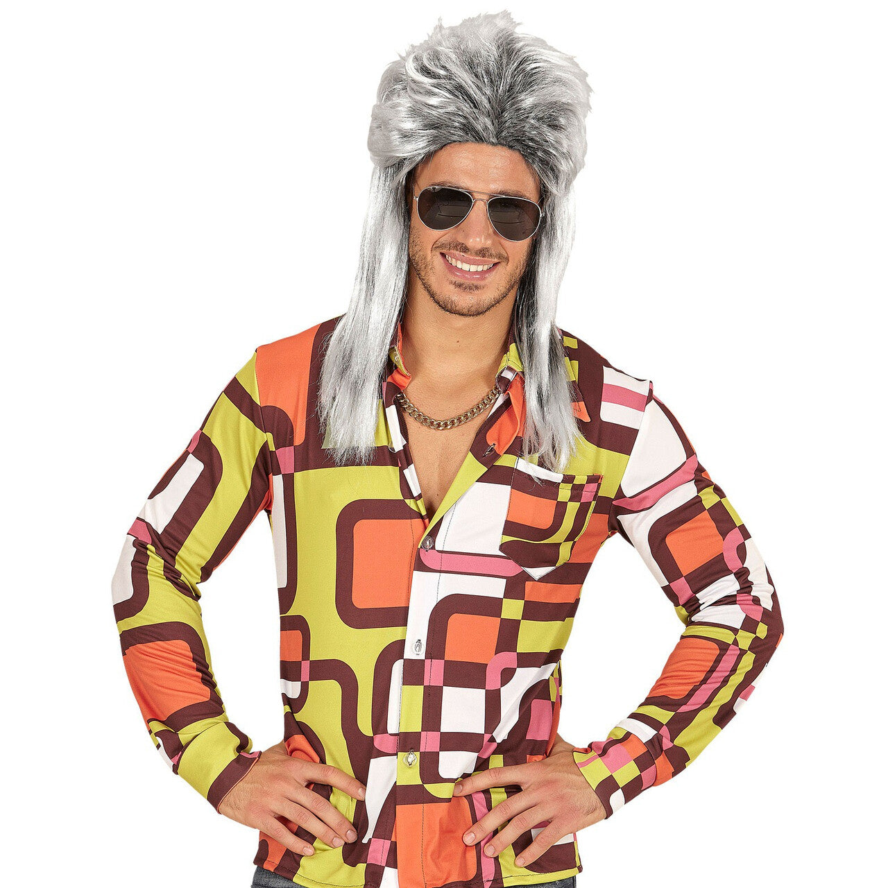 Op deze afbeelding zie je een Accessoires, van het merk Widmann. Brandon Pruik, Mullet 80s Grijs