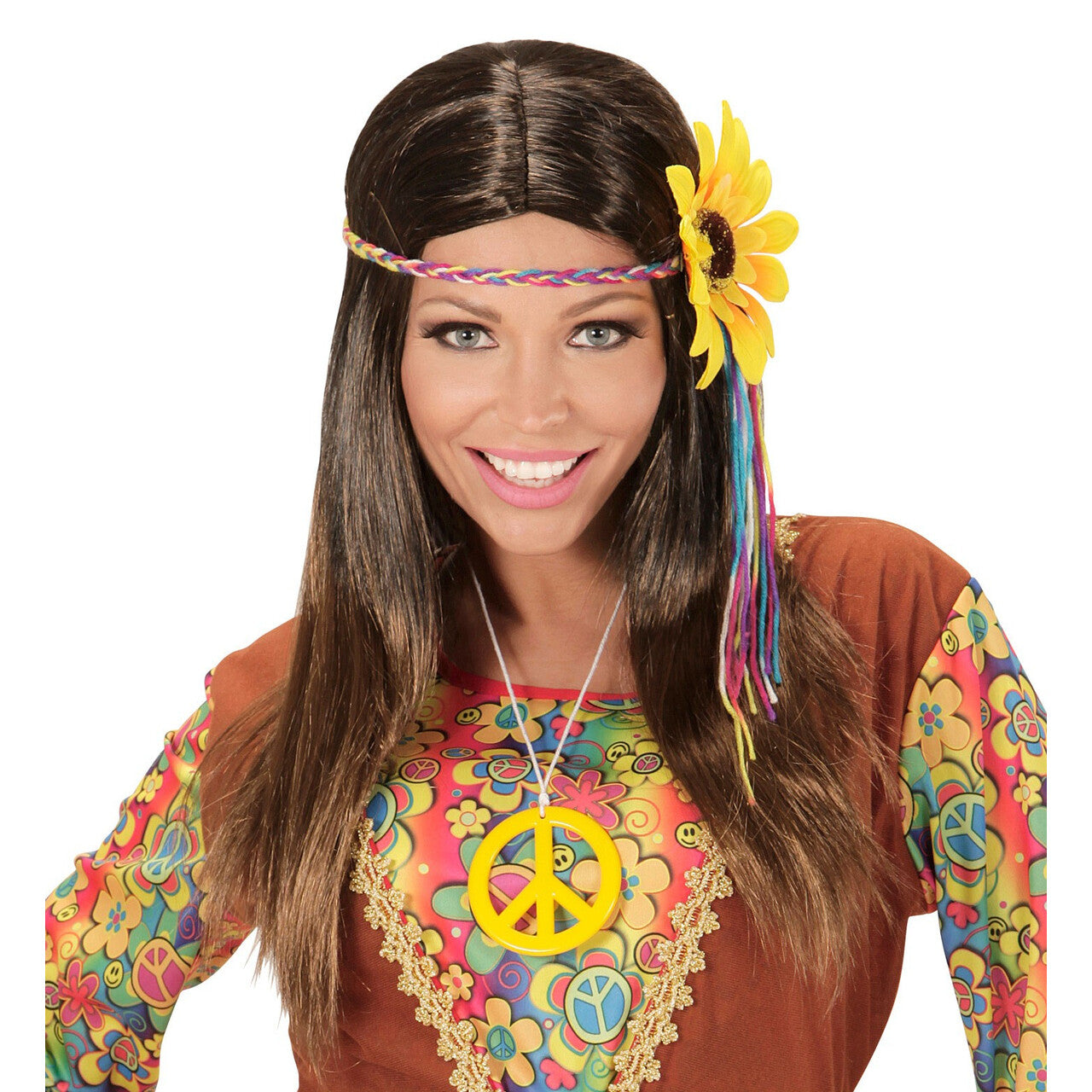 Op deze afbeelding zie je een Accessoires, van het merk Widmann. Dammy Pruik, Hippie Bruin Met Meerkleuren Bloem Hoofdband