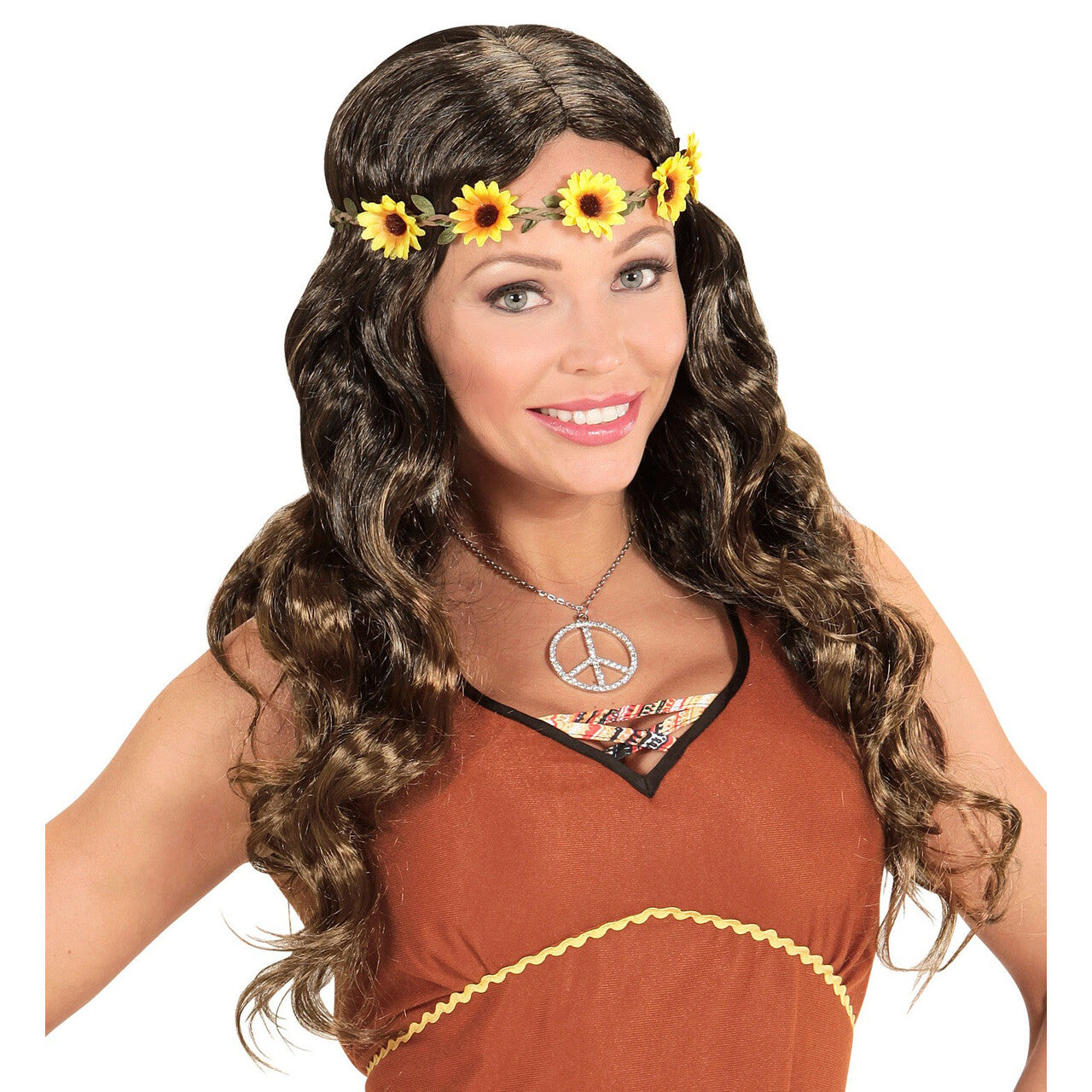 Op deze afbeelding zie je een Accessoires, van het merk Widmann. Curly Carla Pruik Hippie Bruin Met Zonnebloem Hoofdband