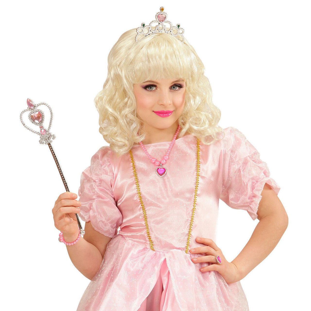 Op deze afbeelding zie je een Accessoires, van het merk Widmann. Prinses Ketting Armband Ring Strass Hart Roze