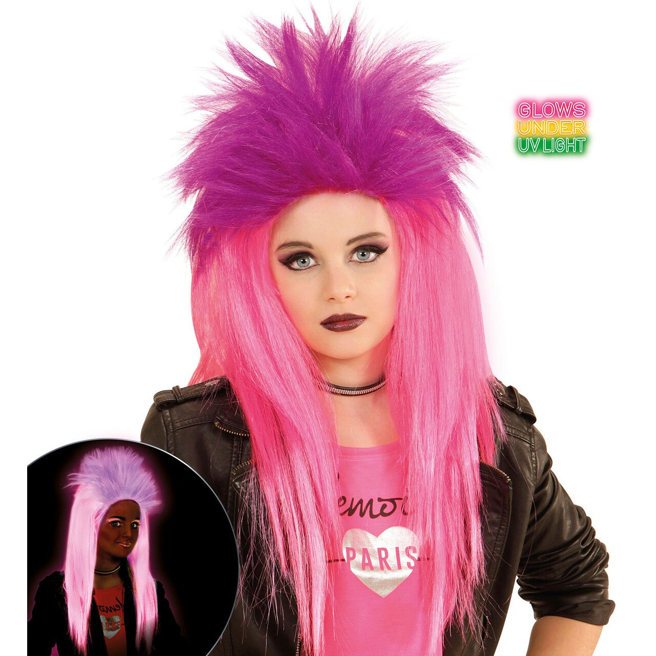 Op deze afbeelding zie je een Accessoires, van het merk Widmann. Neon Rock Pruik, Kind Punk Roze