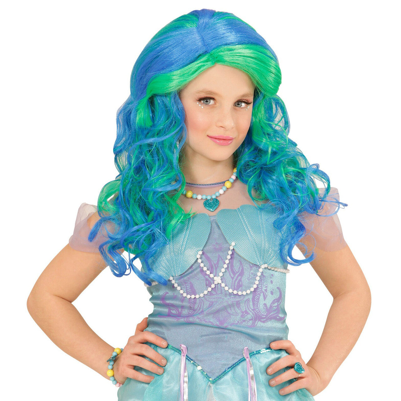 Op deze afbeelding zie je een Accessoires, van het merk Widmann. Pruik, Zeemeermin Blauw / Groen Kind