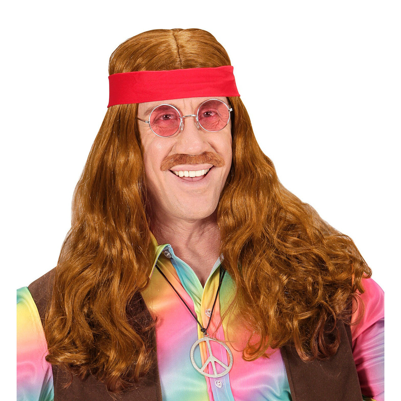 Op deze afbeelding zie je een Accessoires, van het merk Widmann. Rijkelijke Pruik, Hippie Met Hoofdband En Snor