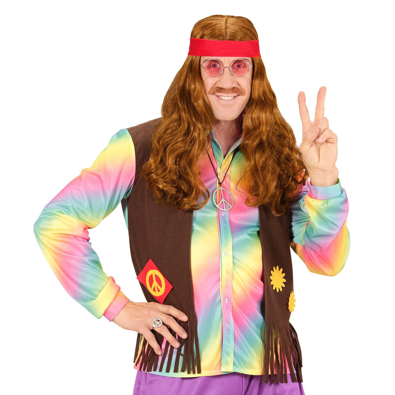 Op deze afbeelding zie je een Accessoires, van het merk Widmann. Rijkelijke Pruik, Hippie Met Hoofdband En Snor