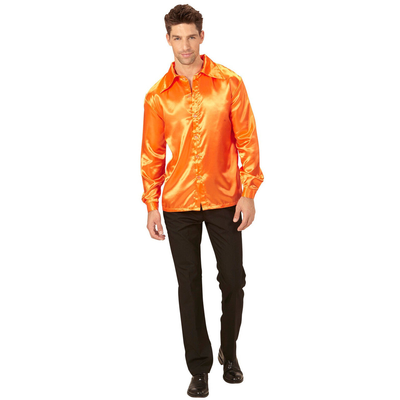 Op deze afbeelding zie je een Kostuums, van het merk Widmann. Cool Dancer Discoshirt 70s, Oranje Man