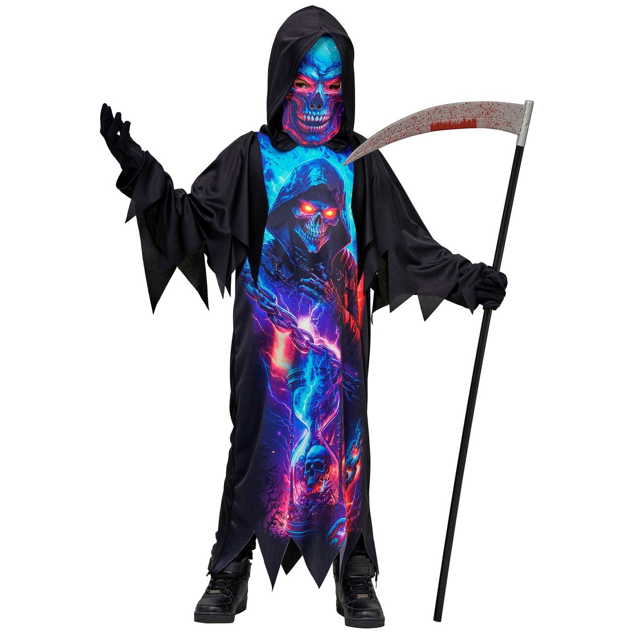 Op deze afbeelding zie je een Kostuums, van het merk Widmann. Neon Grim Reaper Kind Kostuum