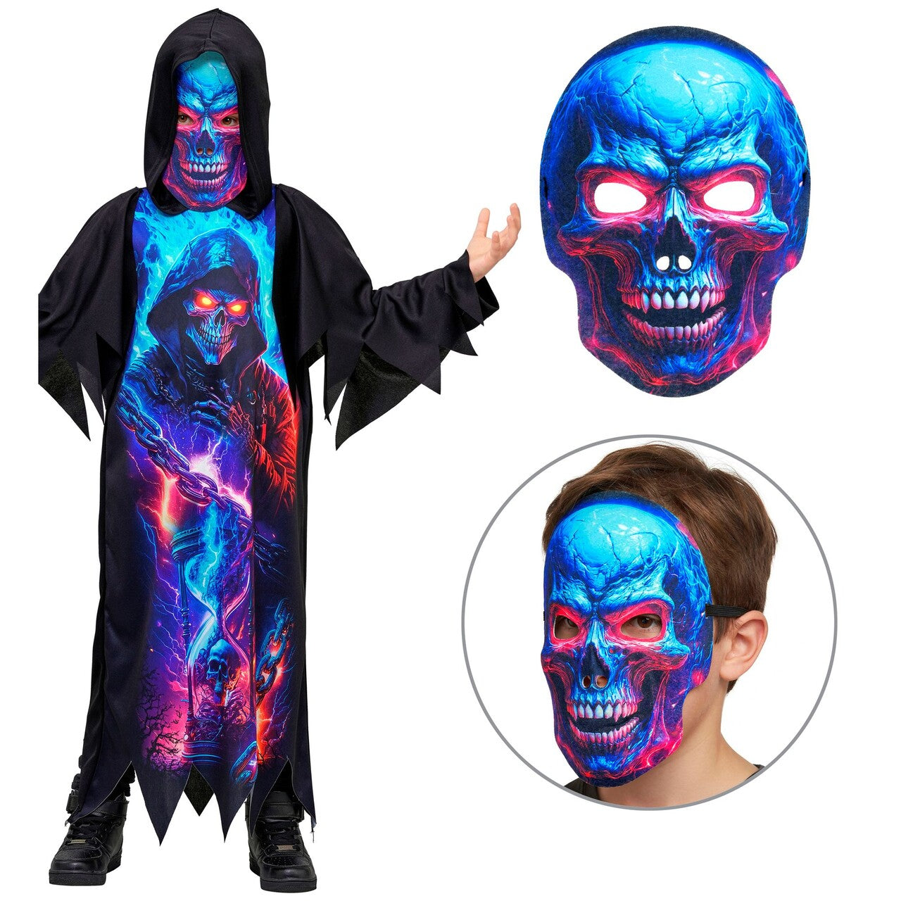 Op deze afbeelding zie je een Kostuums, van het merk Widmann. Neon Grim Reaper Kind Kostuum