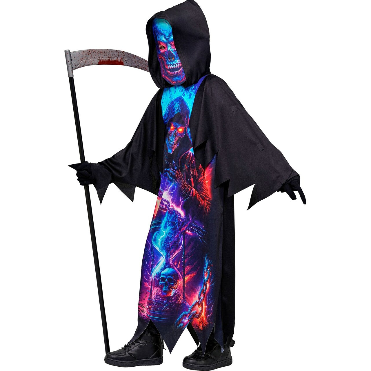 Op deze afbeelding zie je een Kostuums, van het merk Widmann. Neon Grim Reaper Kind Kostuum