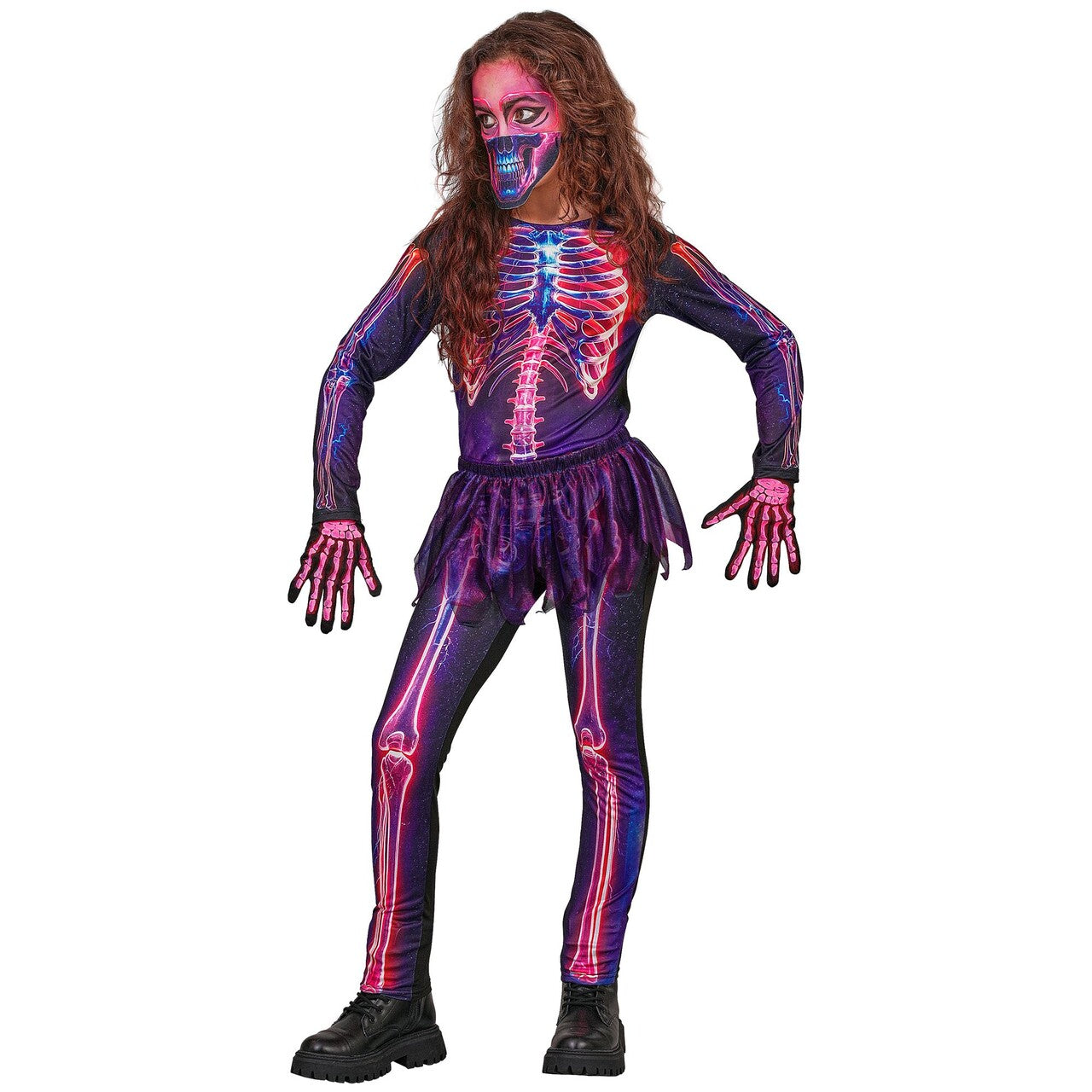 Op deze afbeelding zie je een Kostuums, van het merk Widmann. Freaky Neon Galaxy Skelet Meisje Kostuum